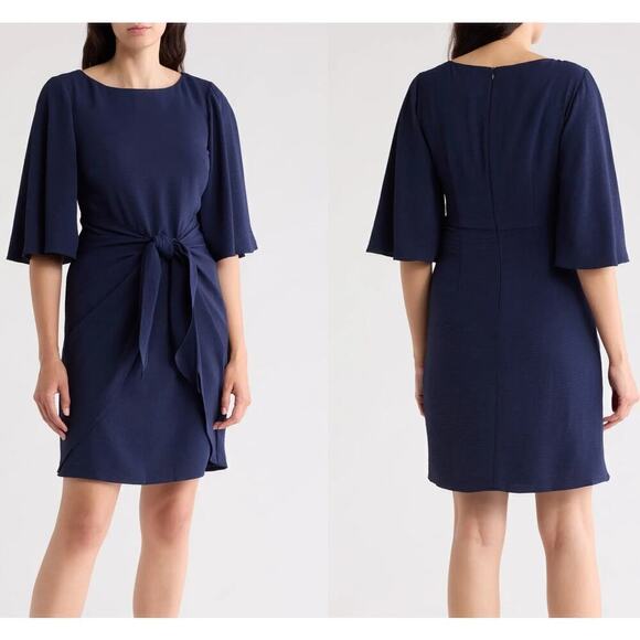 Vince Camuto Dresses & Skirts - Vince Camuto Washer Dress Short Flutter Sleeve Jewel Neck Tie Waist Mini Navy 4